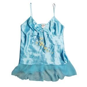 Y2k Fairycore Cami Satin Floral Detail Blue Flowy Lengerie - Size XL